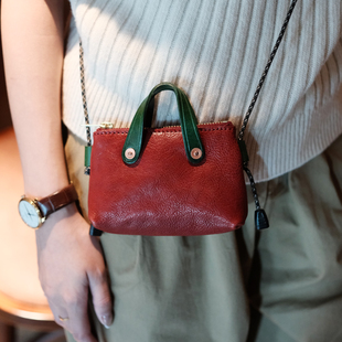 葱木 口红包迷你小包斜挎小包折叠手机包 植鞣牛皮小废包mini包