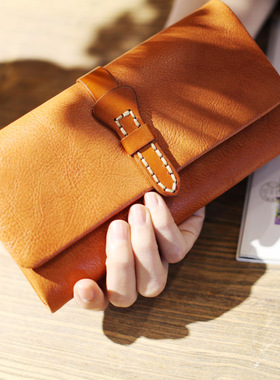 文艺钱包手拿包女长款复古黄色牛皮森系真皮翻盖多卡位信封钱夹