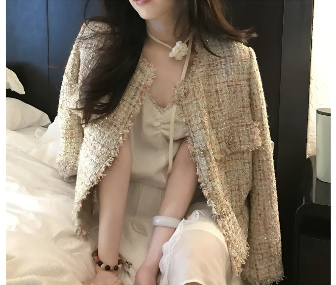 早春新款高奢鎏金闪耀亮片金线编织流苏边小香风粗花呢短外套