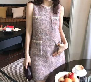2025 秋冬时尚小香风无袖连衣裙女气质显瘦粗花毛呢背心裙