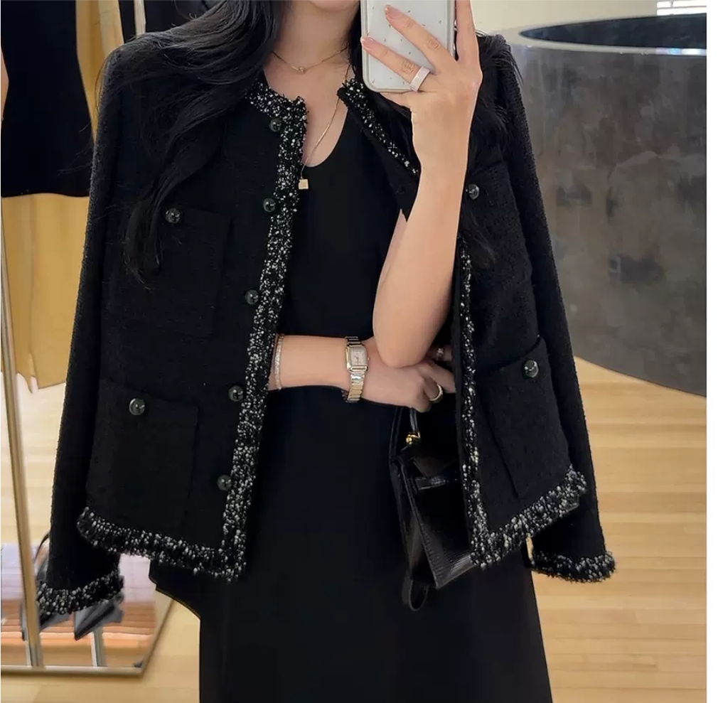夏诗文 肌理感粗花撞呢编织带短外套女秋季微宽松小圆领上衣汉服