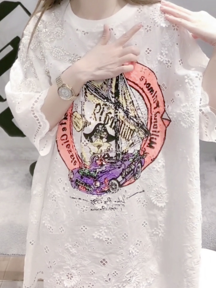 夏新重工圆领订珠图案蕾丝花边宽松大版设计感下衣失踪女棉T恤裙
