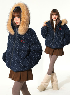 AONW复古小众设计感碎花棉服外套女宽松休闲保暖棉衣潮可拆卸毛领