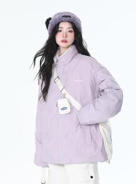 AONW秋冬新国标90绒羽绒服女美式潮牌纯色立领宽松情侣外套压印