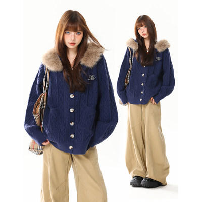 AONW美式复古毛领连帽毛衣外套女秋冬宽松高级感慵懒风针织开衫