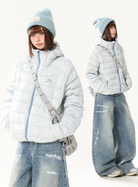 AONW美式复古70白鸭绒轻量感排骨羽绒服女冬季宽松保暖连帽外套