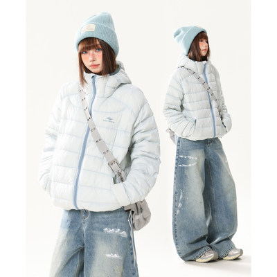 AONW美式复古70白鸭绒轻量感排骨羽绒服女冬季宽松保暖连帽外套