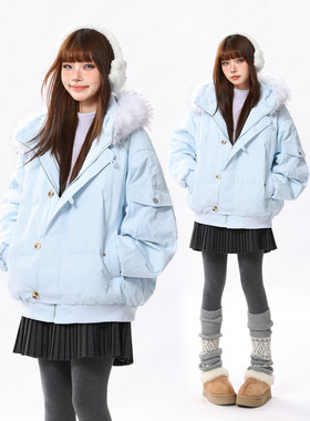 AONW质感精致毛领连帽派克羽绒服女冬季新款保暖牛角扣面包服潮