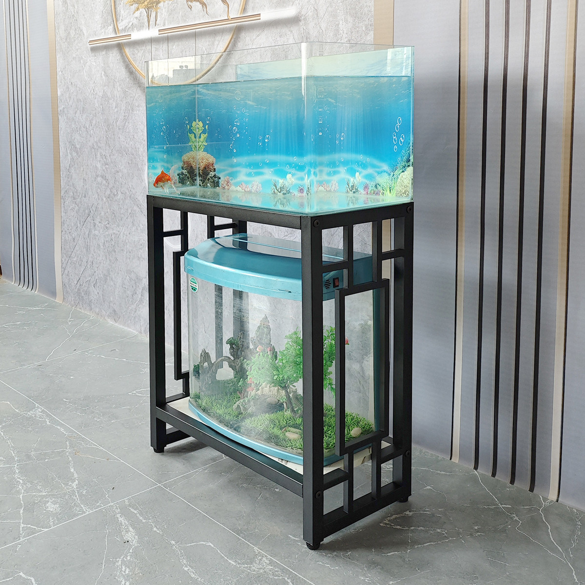 铁艺鱼缸架客厅置物架承重鱼缸架子钢木底架小型水族箱鱼缸柜落地