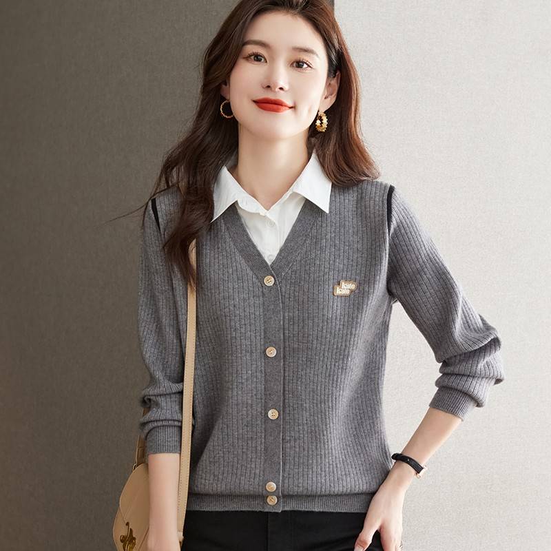 衬衫领针织衫女春秋2024新款时尚洋气假两件上衣高级感毛衣打底衫