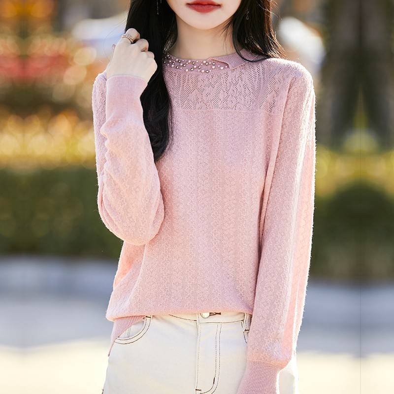 2025新款春秋时尚提花钉珠针织打底衫女洋气减龄内搭大码女装毛衣