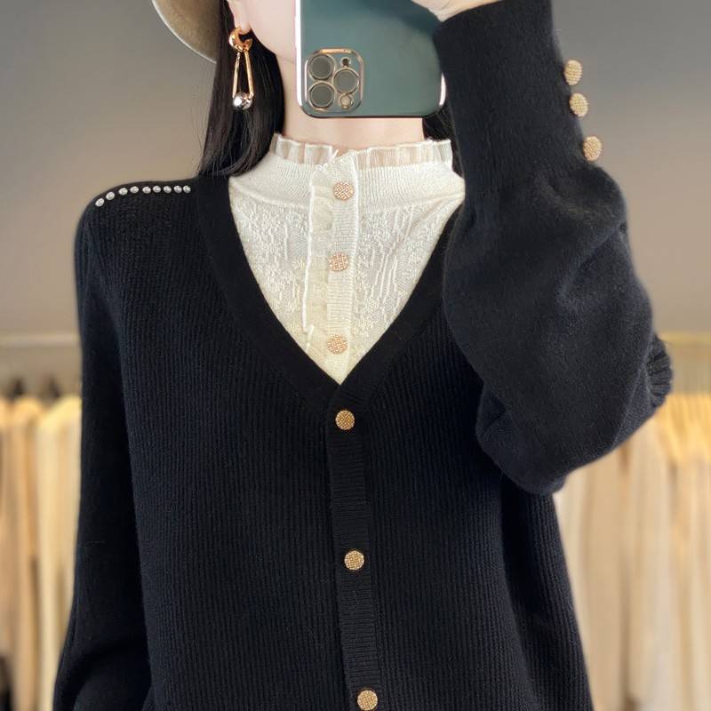 蕾丝打底衫女秋冬2025新款假两件针织上衣洋气大码女装高级感毛衣