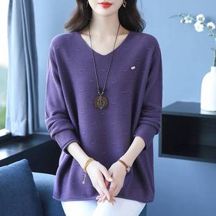 宽松遮肚长袖 胖妈妈秋季 200斤洋气针织衫 上衣加肥加大码 T恤女 新款
