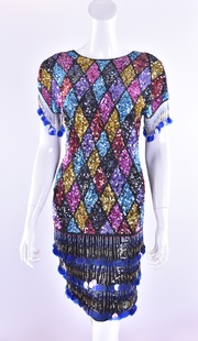 礼服连衣裙 美国vintage盖茨比风精美亮片拼贴流苏短袖 千姿阁