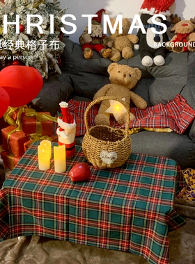 新年红绿格子布桌布圣诞背景布网红装饰儿童宠物写真春节摄影道具