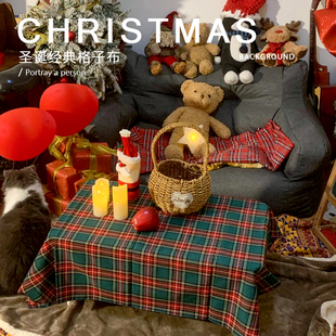新年红绿格子布桌布圣诞背景布网红装 饰儿童宠物写真春节摄影道具