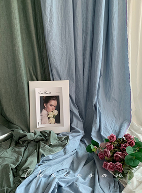 纯棉拍照背景布ins网红莫兰迪蓝绿白色挂墙麻布甜品婚礼摄影道具