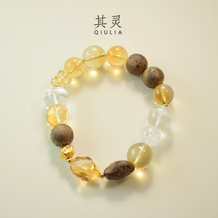其灵【金粟】原创天然巴西黄水晶白幽灵金珠沉香招财手链精致礼物