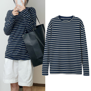 韩版新款条纹长袖T恤女宽松打底衫慵懒风设计感小众ins早春上衣