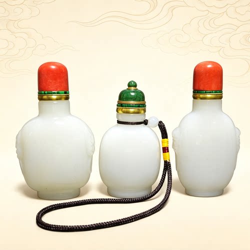 仿白玉琉璃鼻烟壶 中式兽耳手把件 文玩收藏小摆件传统手工艺礼品