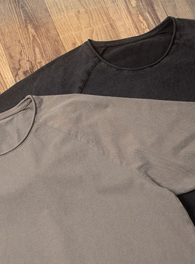 Double Seam 洗水做旧复古宽松短袖T恤圆领插肩袖卷边抄色纯棉