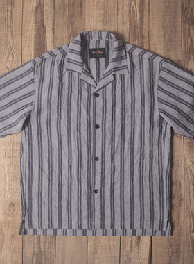 Double Seam条纹古巴领短袖衬衫宽松透气亚麻复古翻领夏威夷衬衣