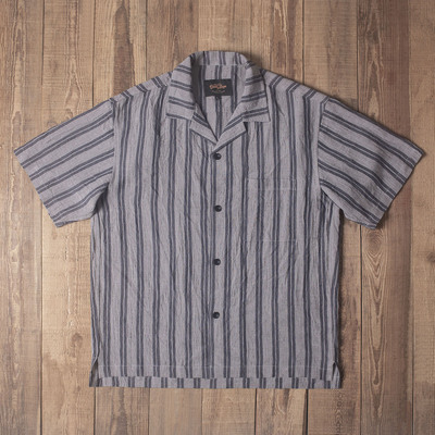 Double Seam条纹古巴领短袖衬衫宽松透气亚麻复古翻领夏威夷衬衣