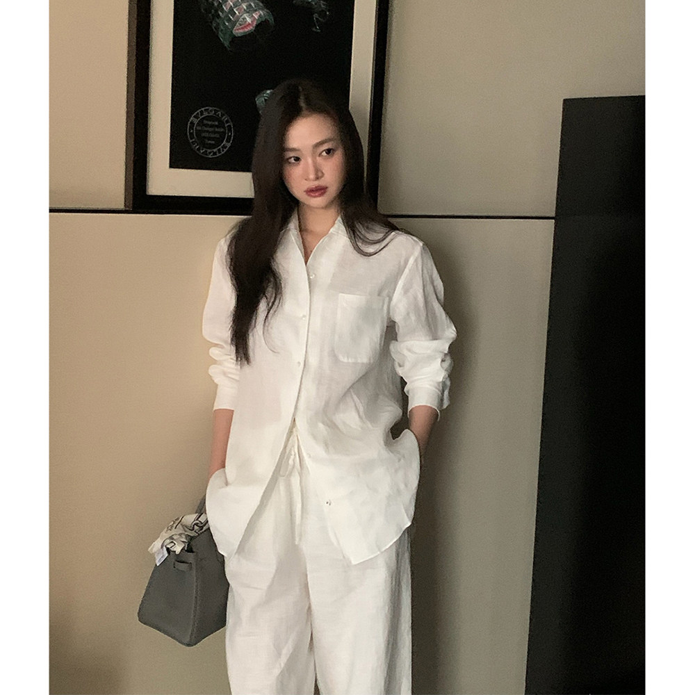 LP老钱风简约设计宽松亚麻白衬衫