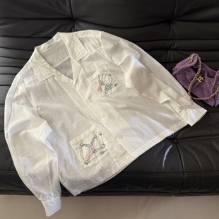 博主风镂空下摆棉质衬衣 26年春夏新款 滑雪刺绣宽松白衬衫 女