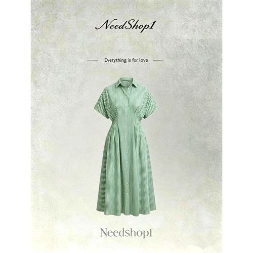 needshop1【视觉形态】绿色条纹简约连衣裙