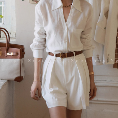 NeedShop1 2025春季新款莱赛尔白色V领简约基础宽松显瘦衬衫女