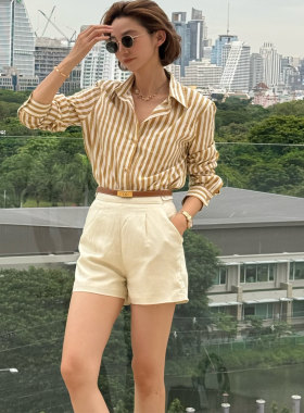 2025年夏季POLO领暖黄条纹衬衫