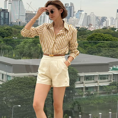 2025年夏季POLO领暖黄条纹衬衫