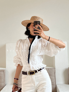 NeedShop1 夏季新款精致刺绣立领收腰修身花苞袖法式短款上衣衬衫