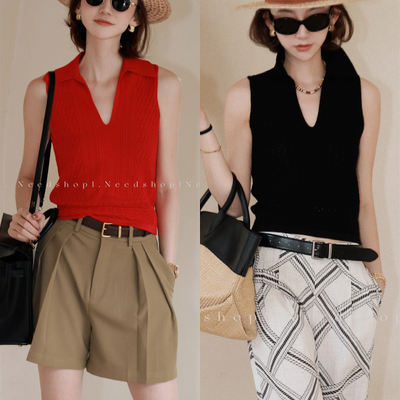 NeedShop1 2025春季新款双色法式复古翻领短款针织背心女
