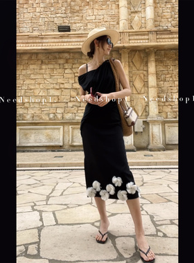 NeedShop12024夏季新款黑色法式花朵设计感手工定制包臀半身裙