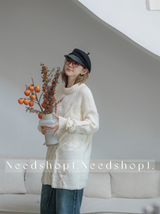 NeedShop12022秋冬新款米白色刺绣花朵慵懒风宽松套头中长款毛衣