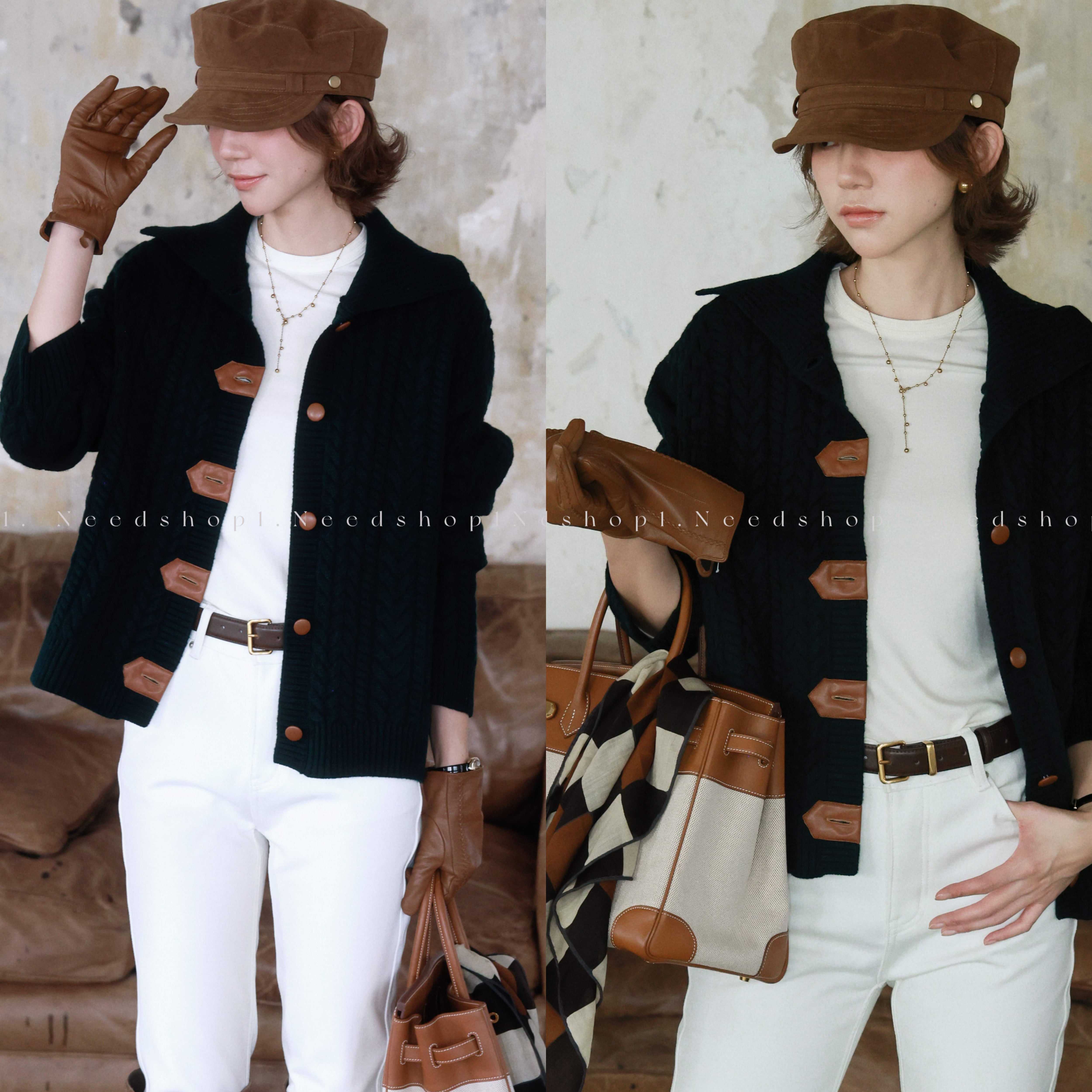 NeedShop1 定制墨绿色一百绵羊毛宽松休闲毛衣外套女