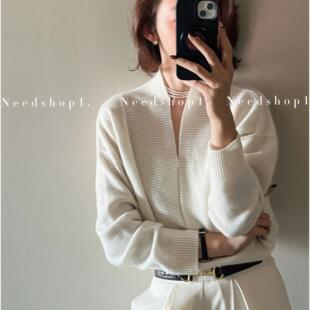 气质时尚 NeedShop1 冬季 新款 女 软绵绵白色大V领100羊绒衫