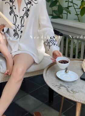 NeedShop1 法式气质v领长袖衬衫女设计感小众衬衣上衣女