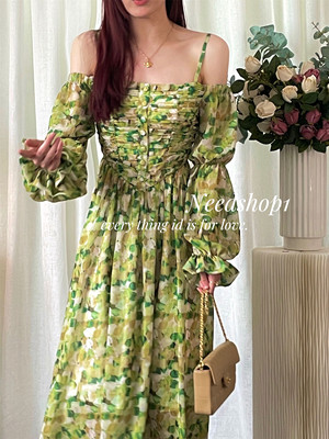 法式长裙吊带碎花连衣裙