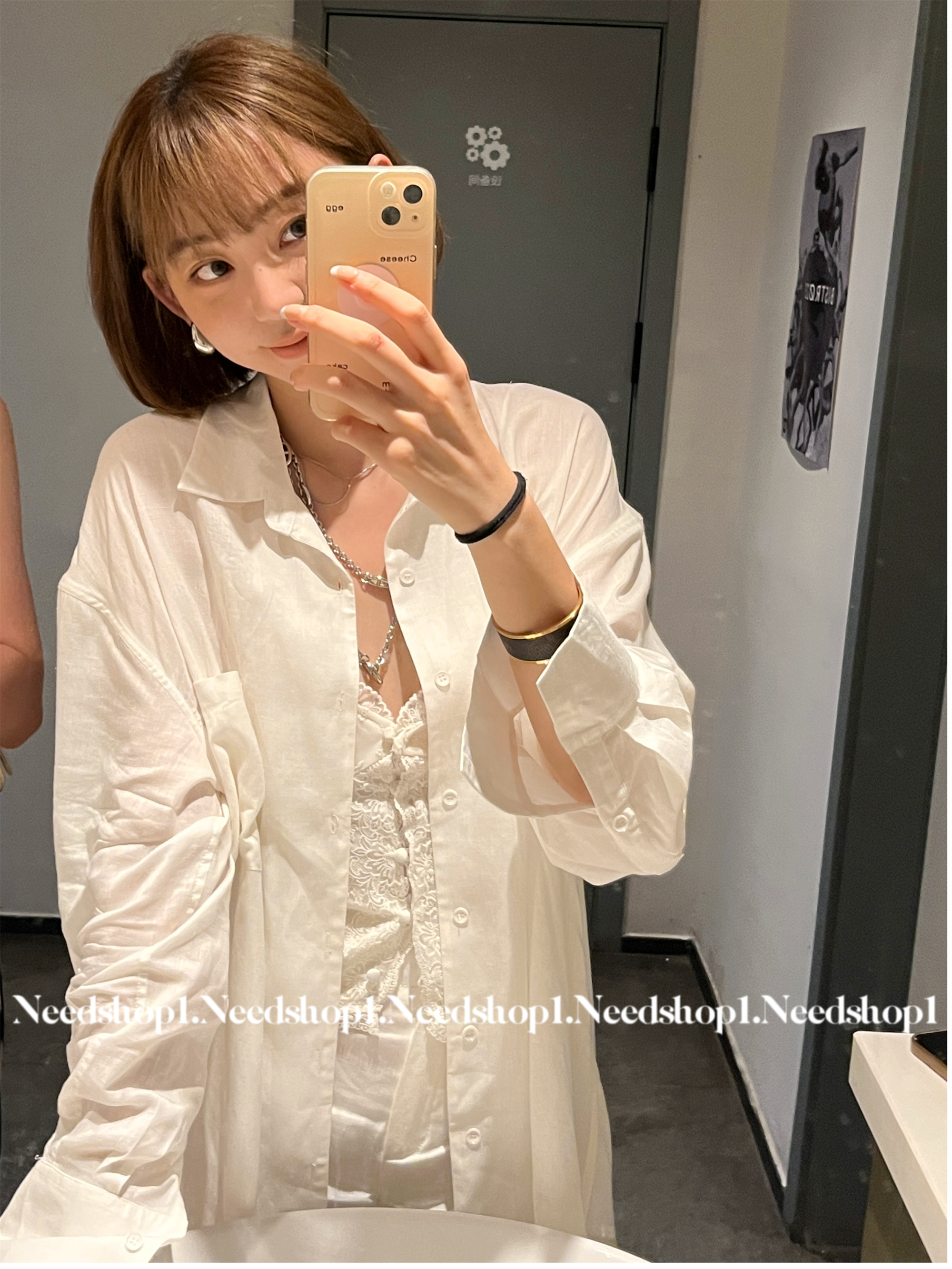 needshop1长袖人丝衬衫衬衫宽松