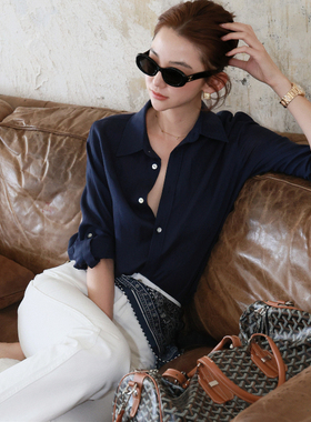 NeedShop1 2025春季新款蓝色天丝亚麻简约慵懒感宽松休闲衬衫女