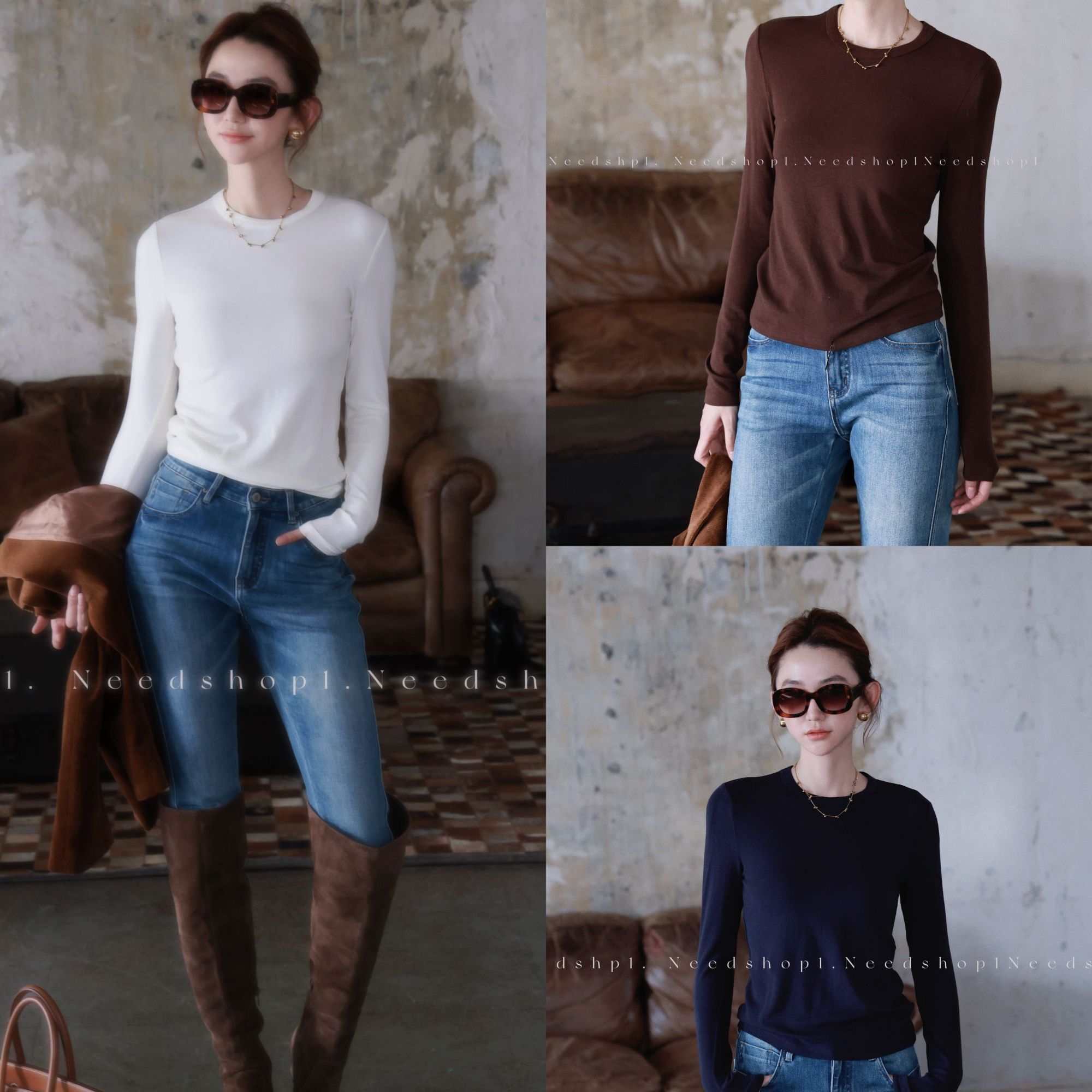 NeedShop1 秋季新款3色圆领简约百搭绵羊毛长袖内搭T恤打底