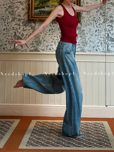 女 高腰拼接不规则复古做旧宽松阔腿牛仔裤 NeedShop12024夏季 新款