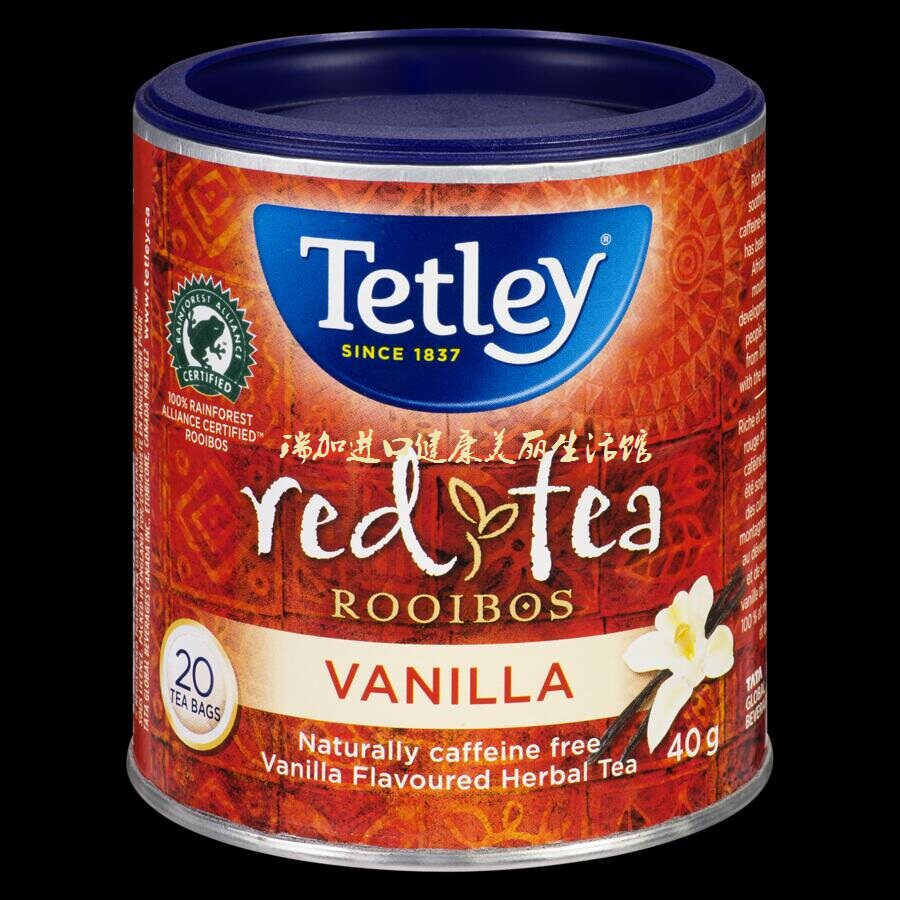 包邮加拿大TETLEY泰勒无咖啡因路易波士红茶香草味20包40克*2罐