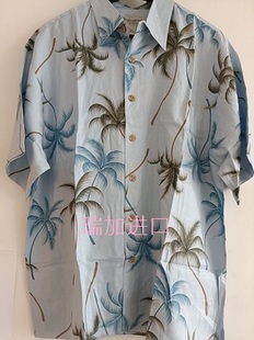 现货清仓出口夏威夷薄款 样品椰子树 真丝人棉印花男衬衫