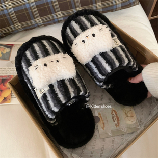 男女士高级秋冬可爱小猫咪日系保暖情侣毛毛鞋 拼色条纹室内棉拖鞋