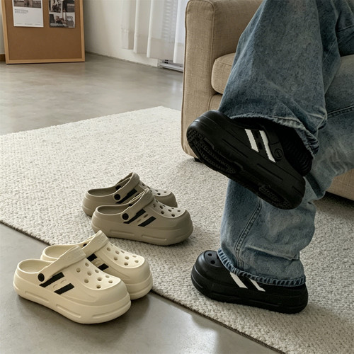 沙滩情侣夏足弓支撑拼色条纹洞洞鞋防滑男女两穿软底百搭包头凉拖