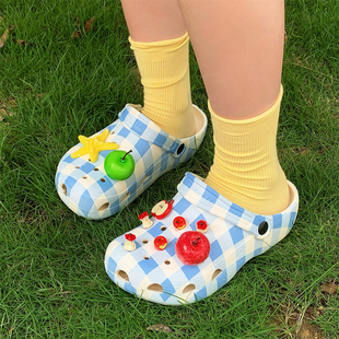 舒适女士户外穿多巴胺红绿苹果夏季包头凉拖鞋度假时尚沙滩洞洞鞋